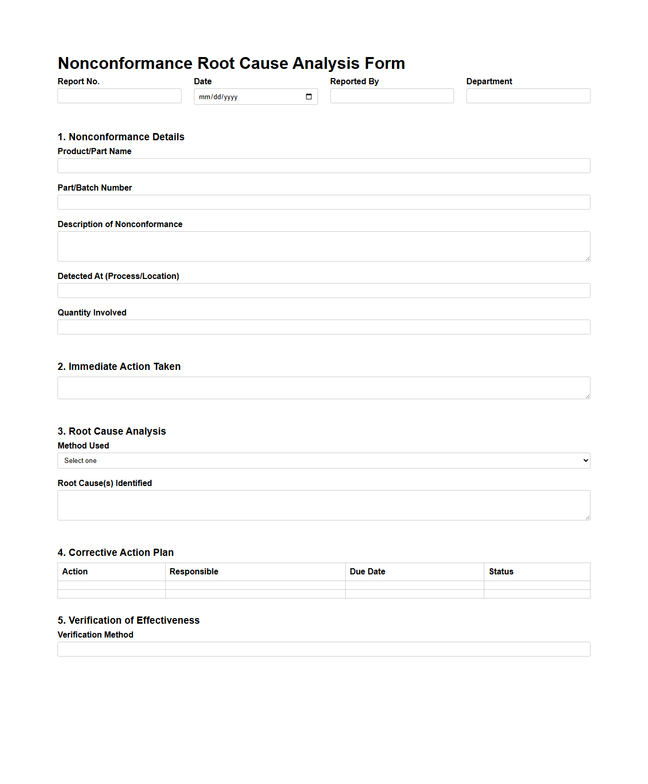 Nonconformance Root Cause Analysis Form for Manufacturing