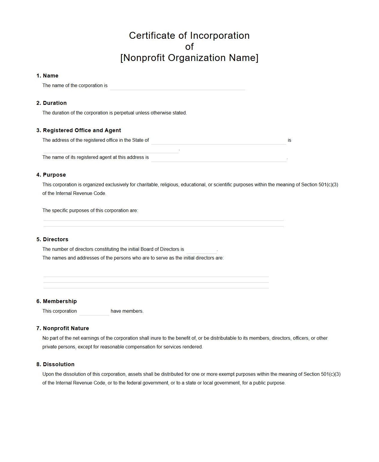 Nonprofit Organization Certificate of Incorporation Example