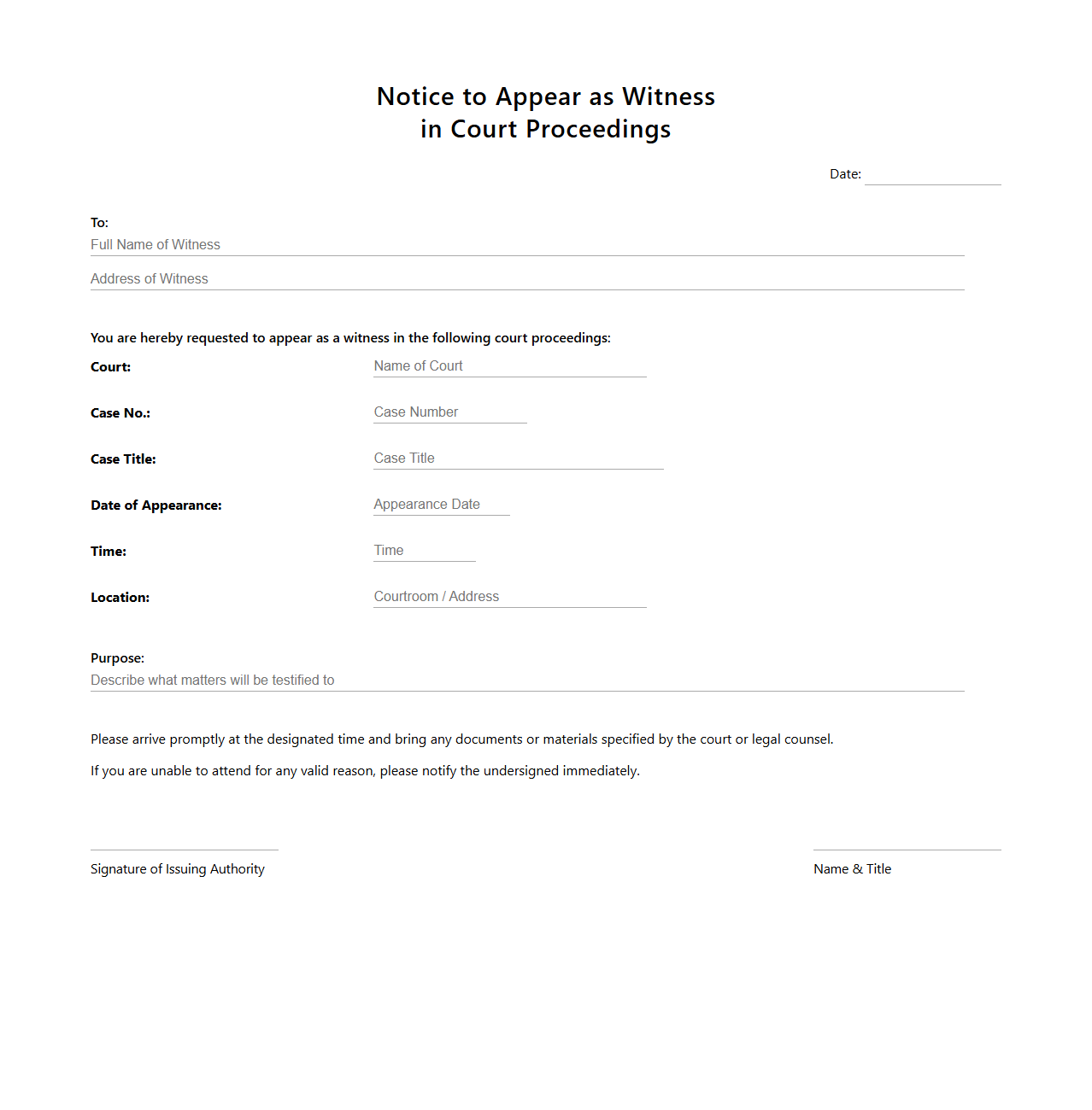 Notice to Appear as Witness in Court Proceedings