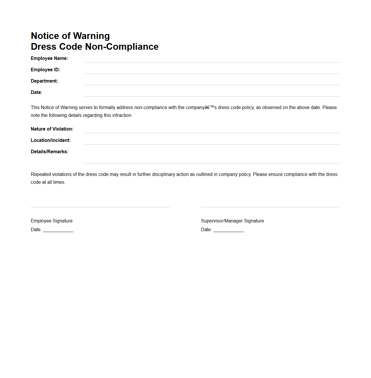 Notice of Warning for Dress Code Non-Compliance