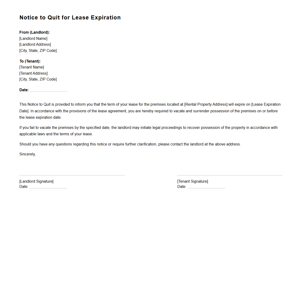 Notice to Quit for Lease Expiration