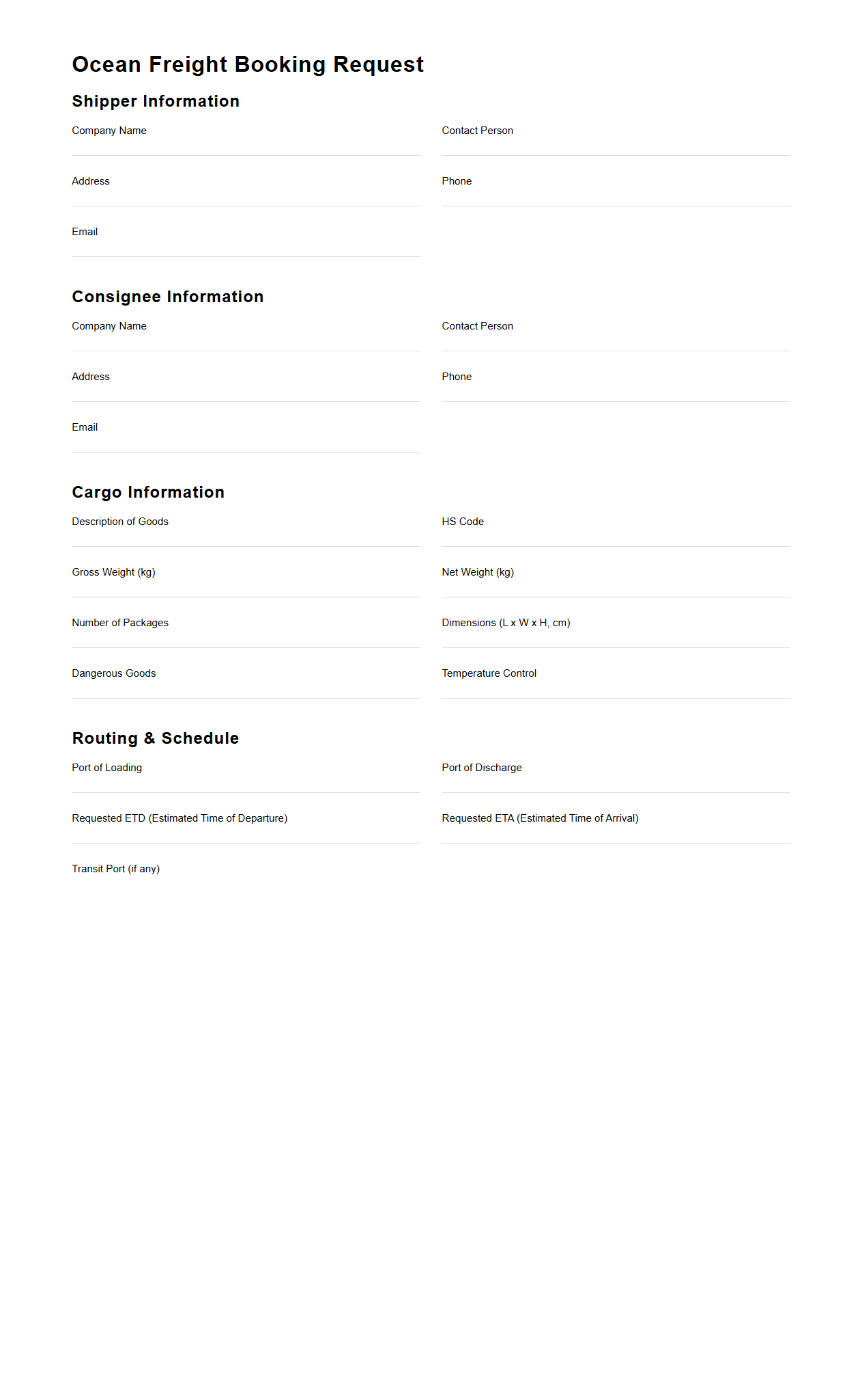 Ocean Freight Booking Request Document Example