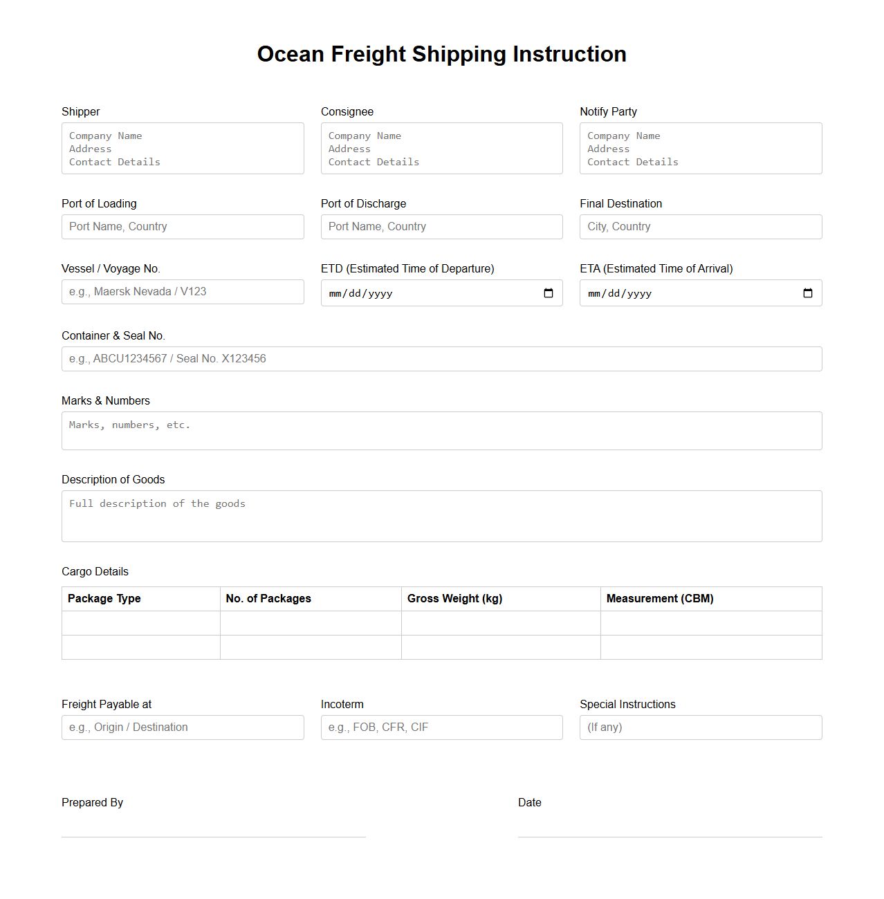Ocean Freight Shipping Instruction Template