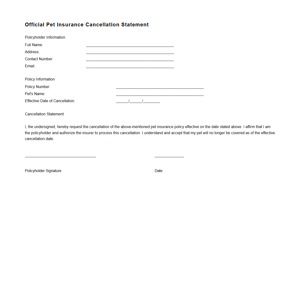 Official Pet Insurance Cancellation Statement