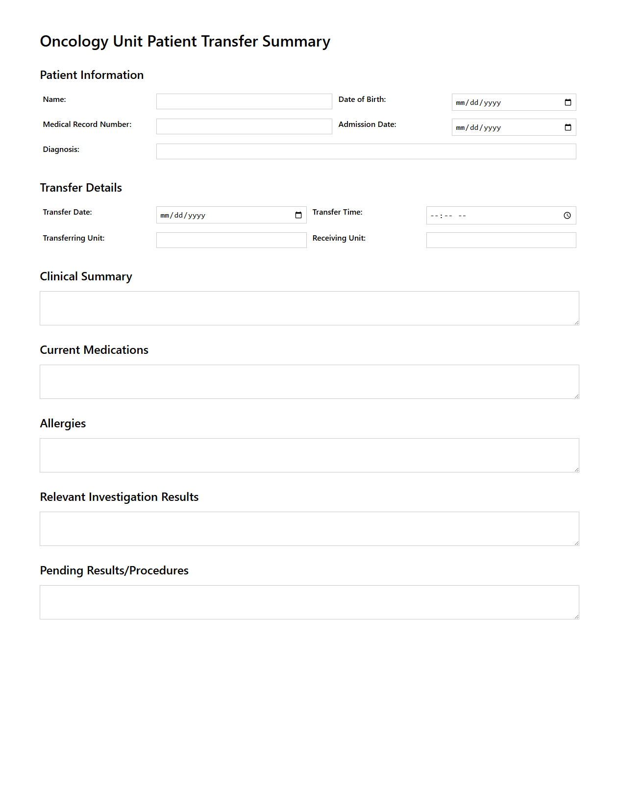 Oncology Unit Patient Transfer Summary