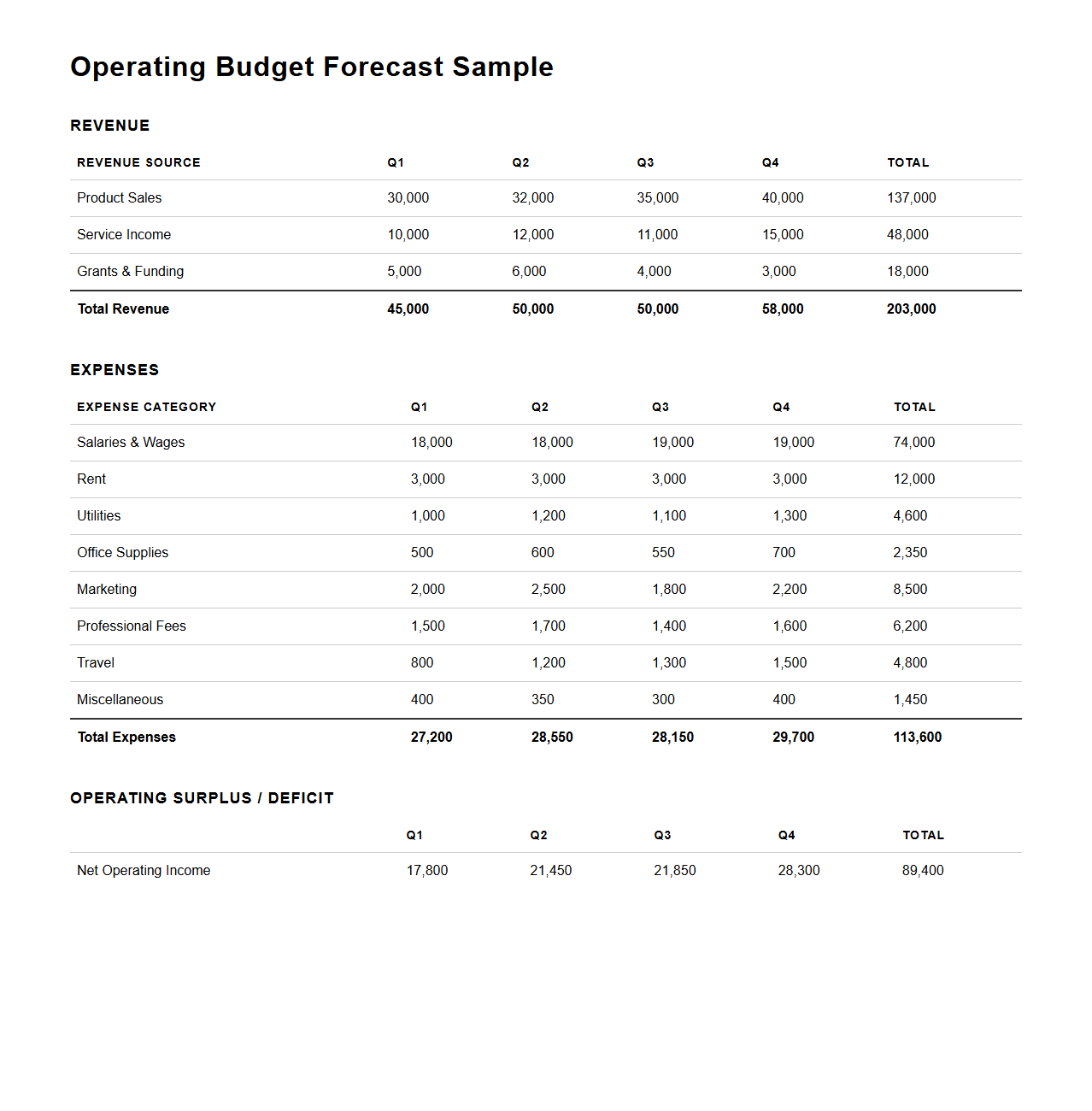 Operating Budget Forecast Sample for Organizations
