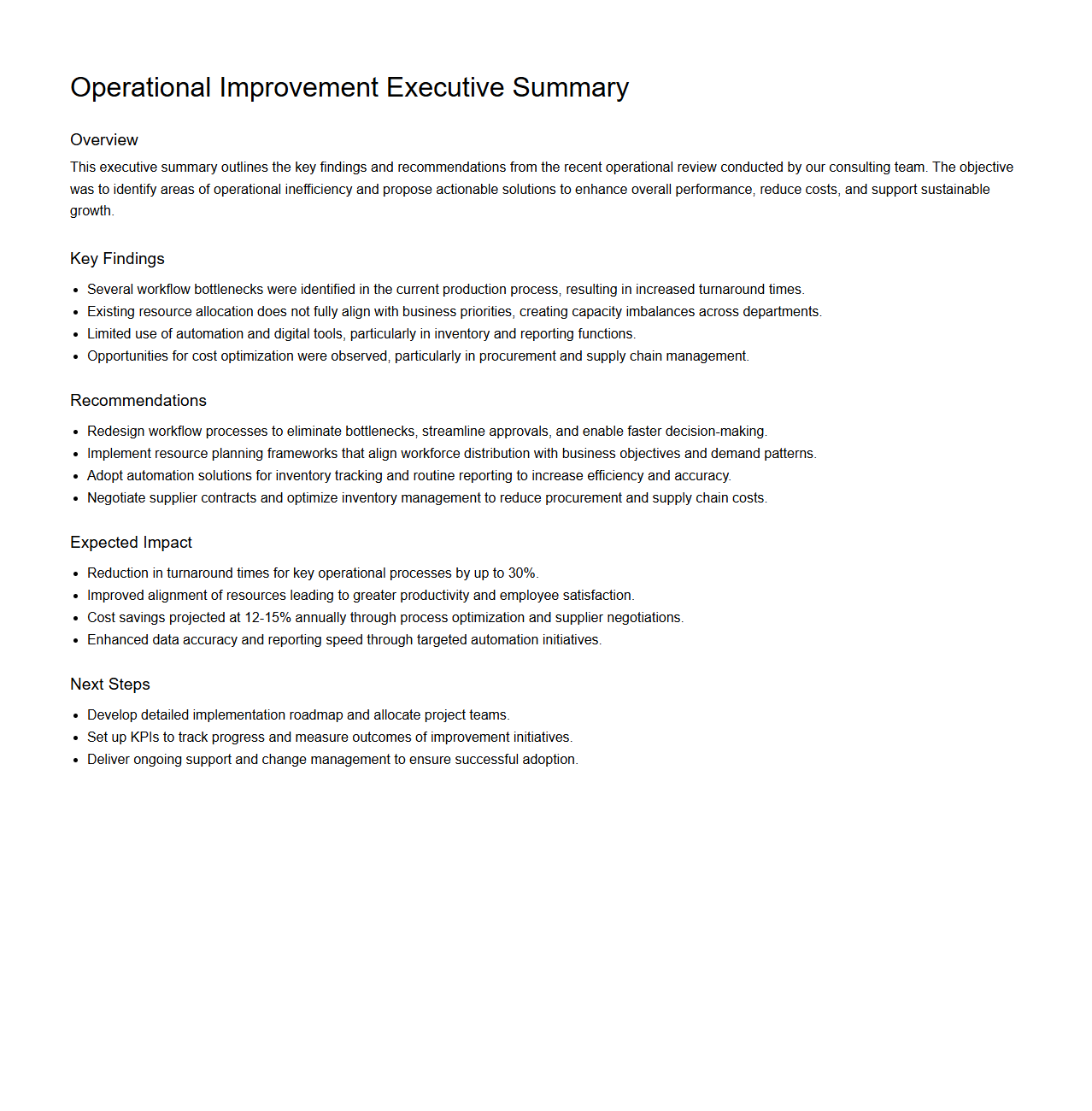 Operational Improvement Executive Summary Sample for Consulting