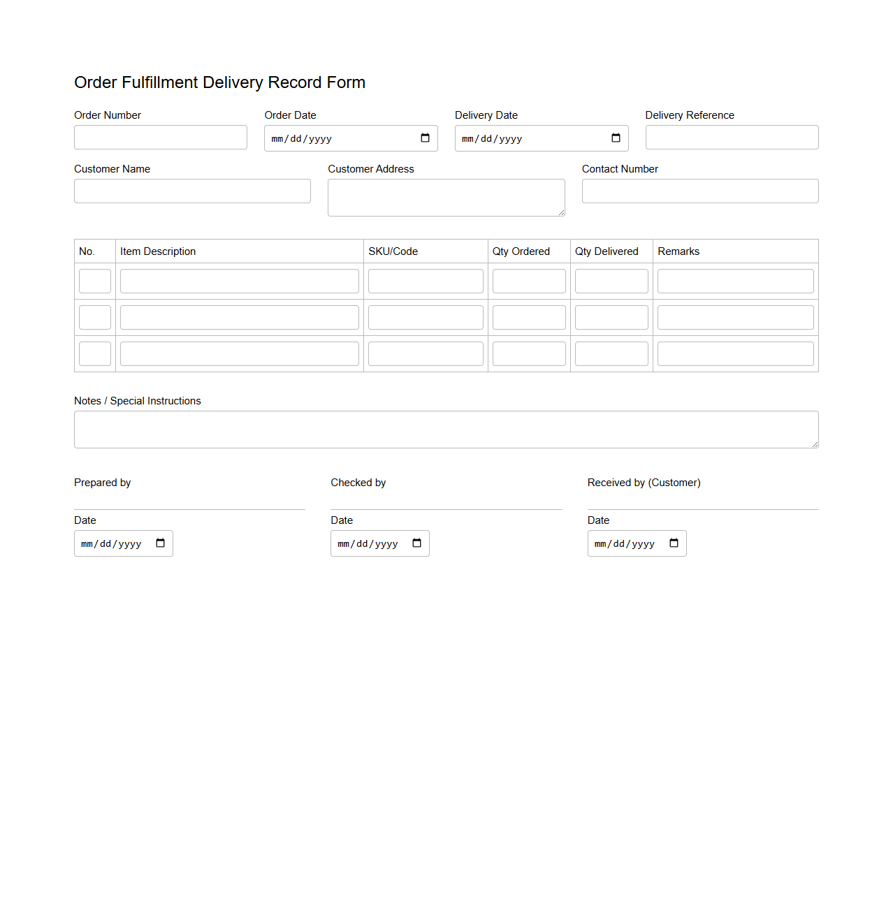 Order Fulfillment Delivery Record Form