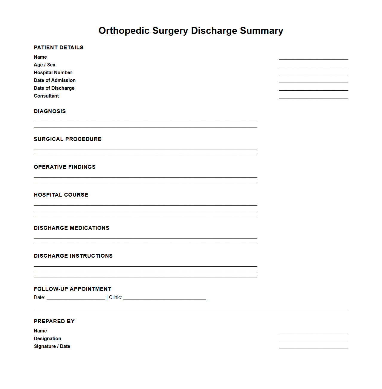 Orthopedic Surgery Discharge Summary Template