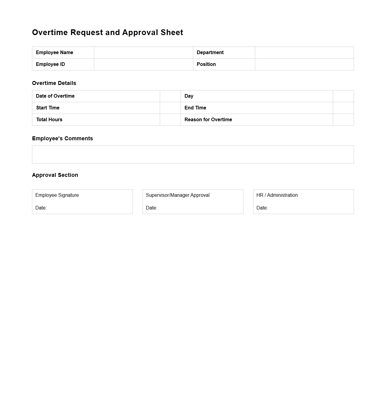 Overtime Request and Approval Sheet