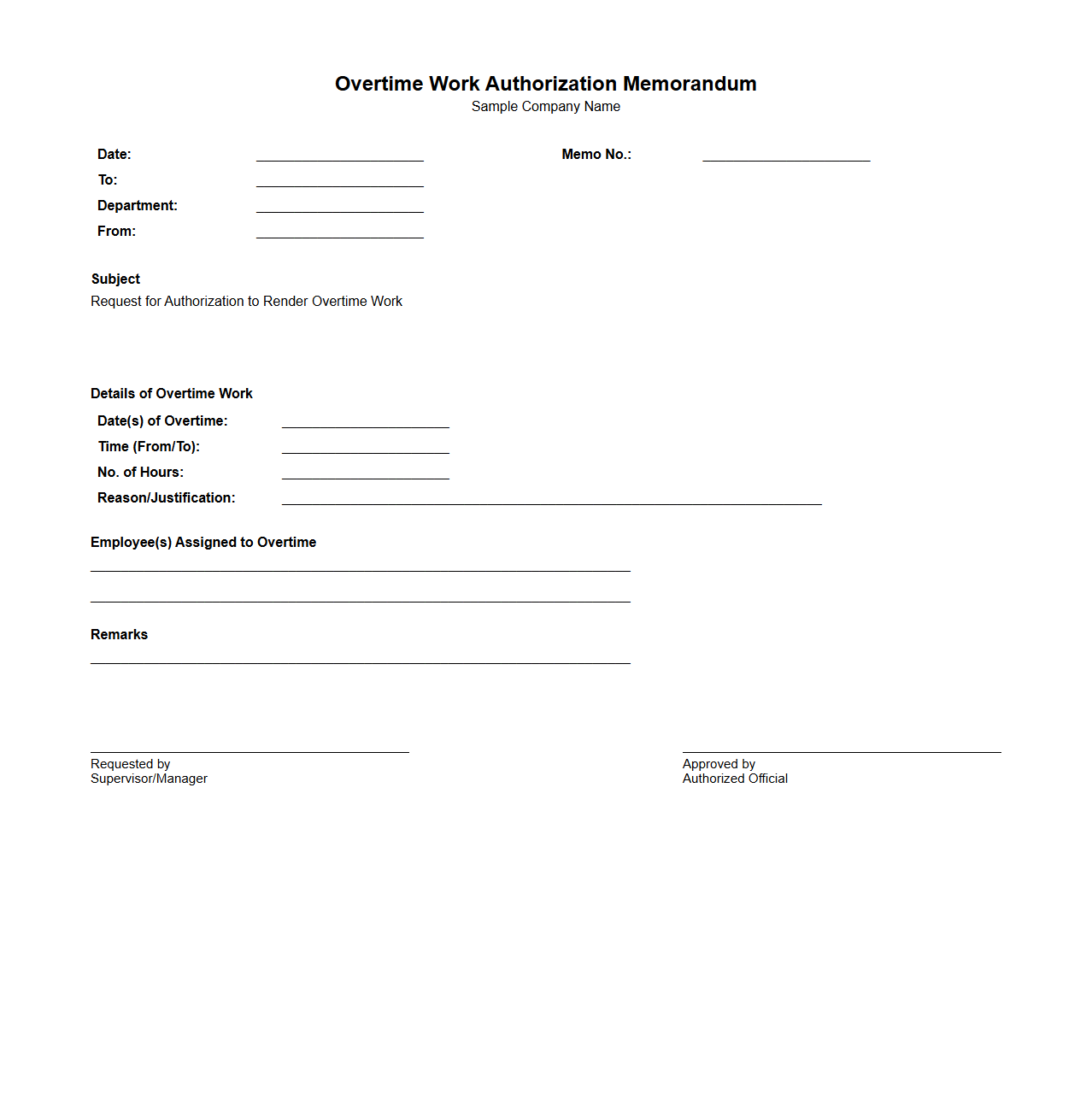 Overtime Work Authorization Memo