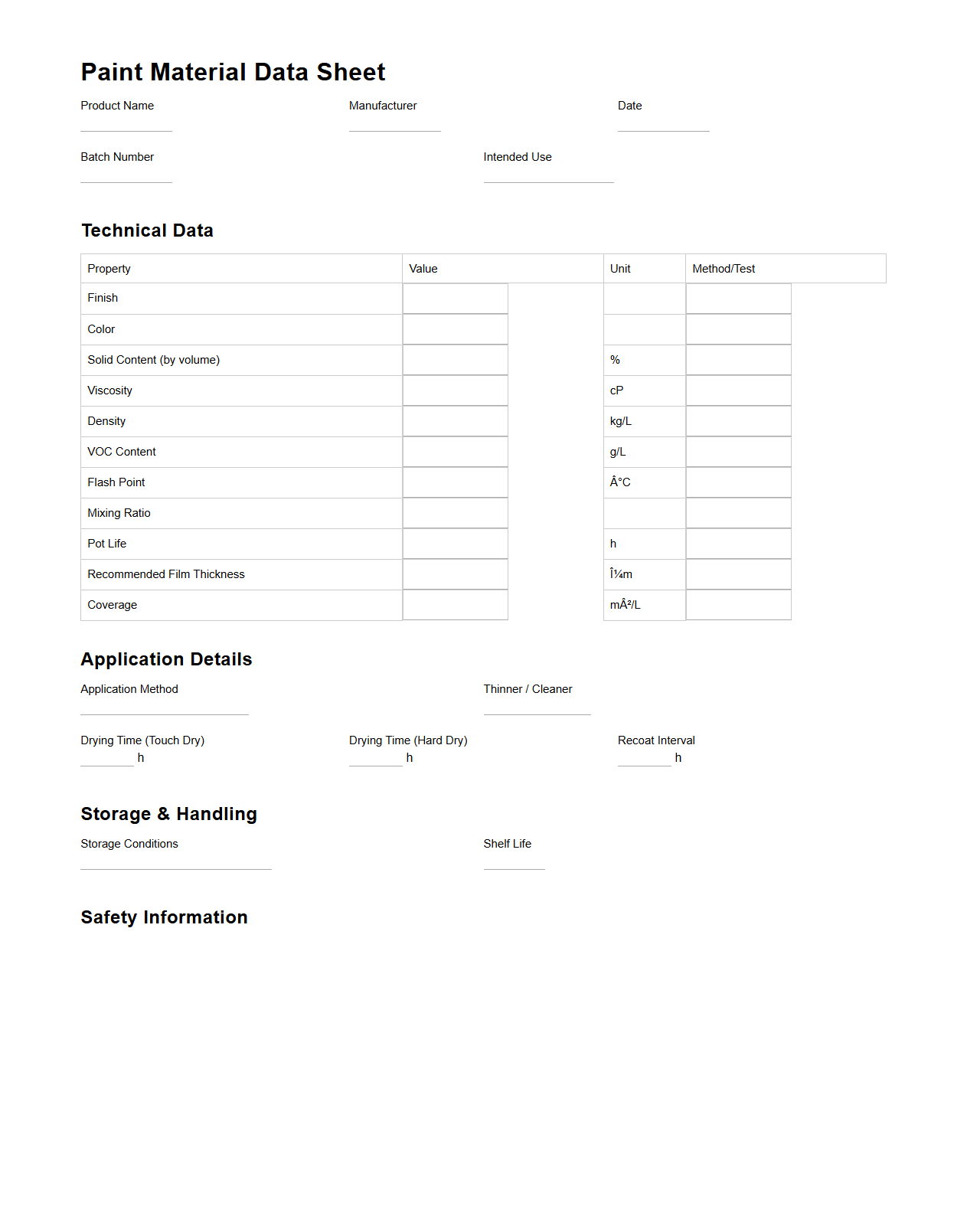 Paint Material Data Sheet Document Sample
