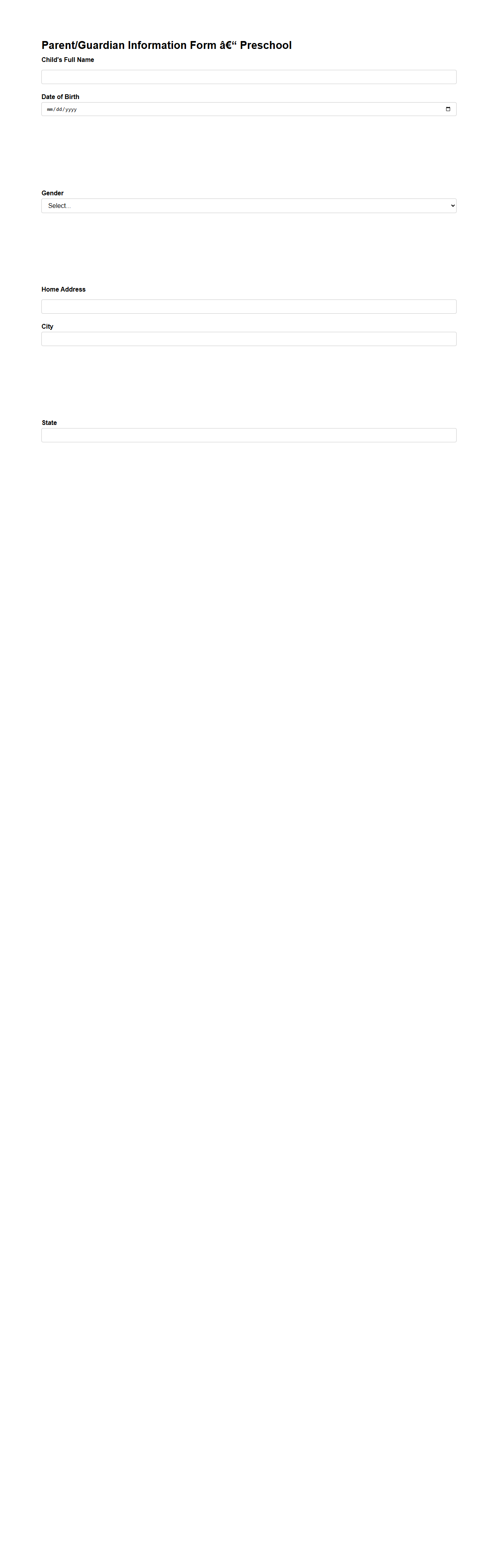 Parent/Guardian Information Form for Preschool