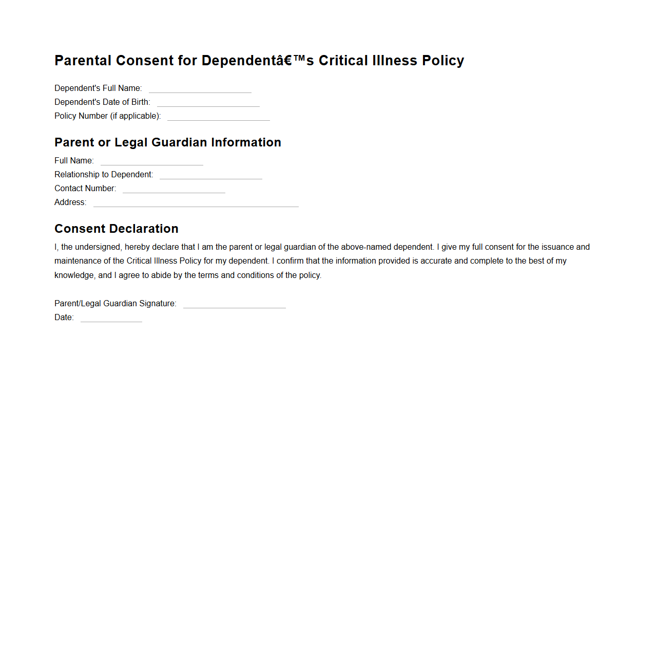 Parental Consent for Dependent’s Critical Illness Policy