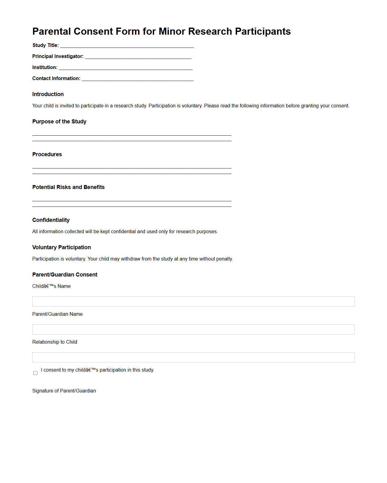 Parental Consent Form for Minor Research Participants