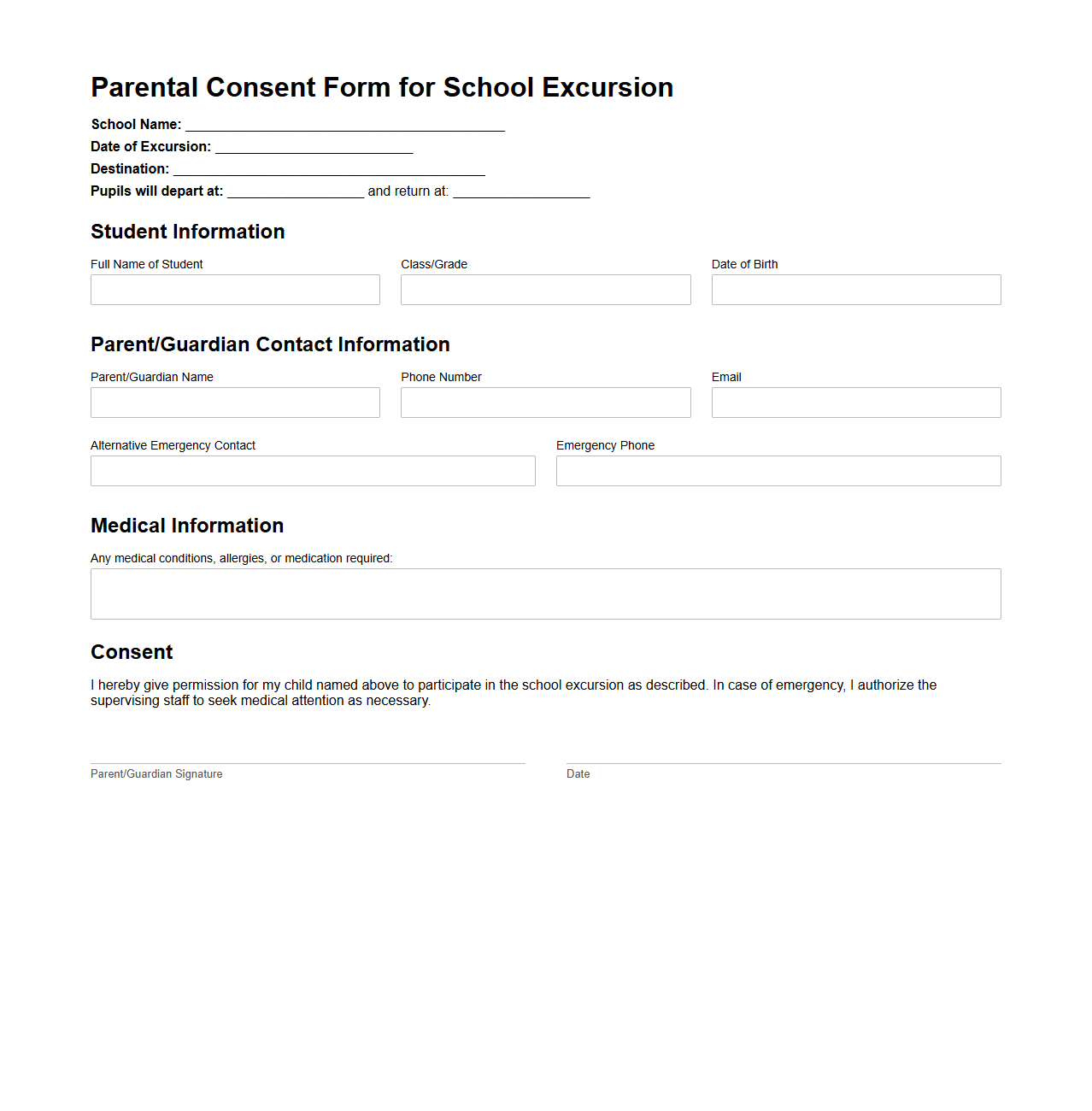 Parental Consent Form for School Excursion
