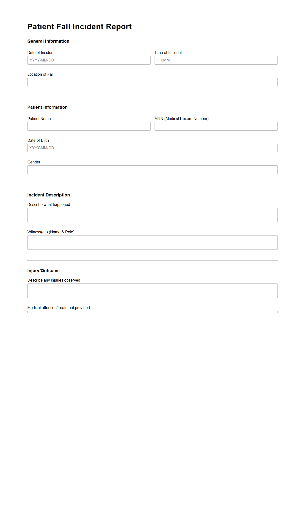 Patient Fall Incident Report Template