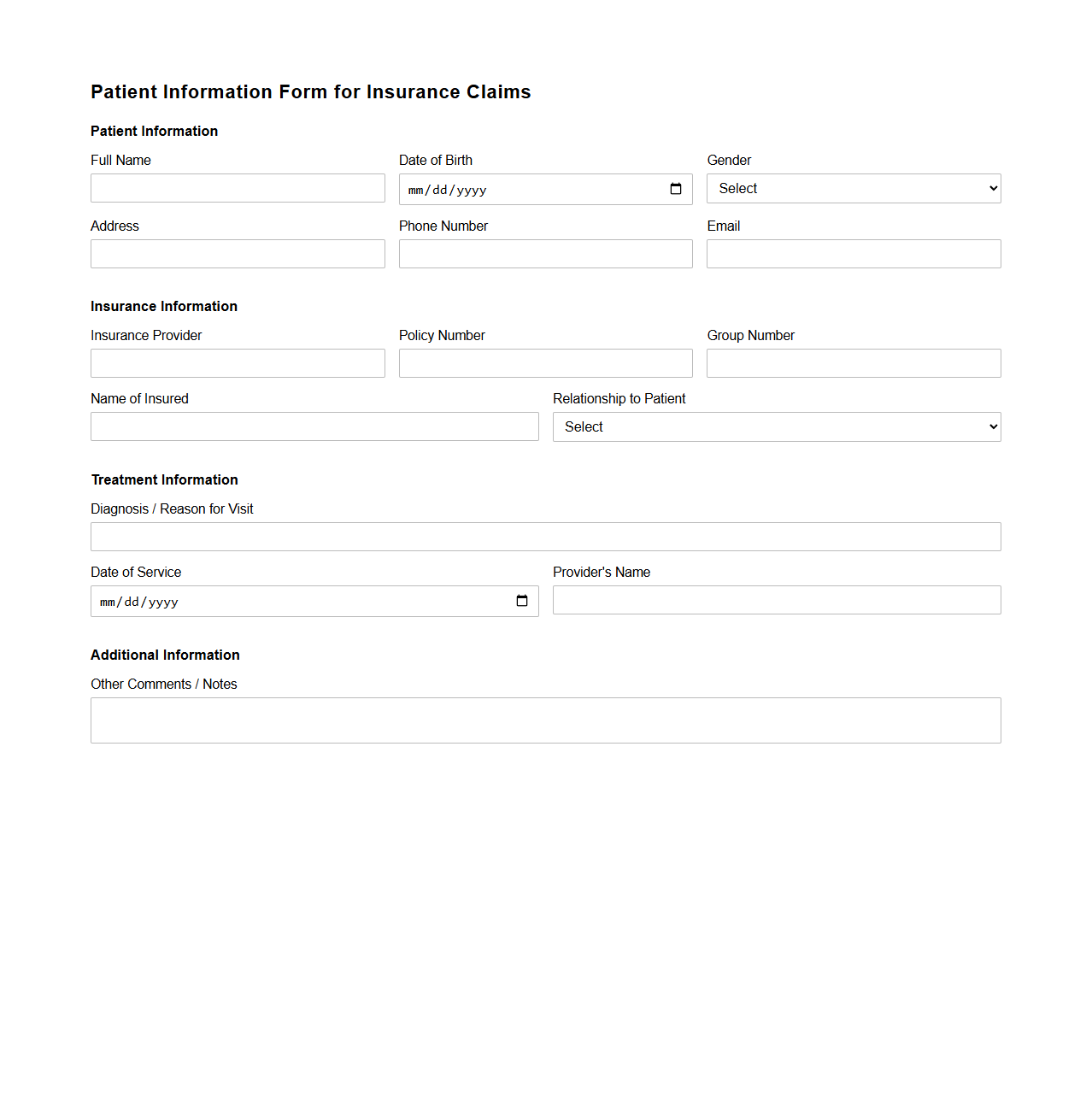 Patient Information Form for Insurance Claims