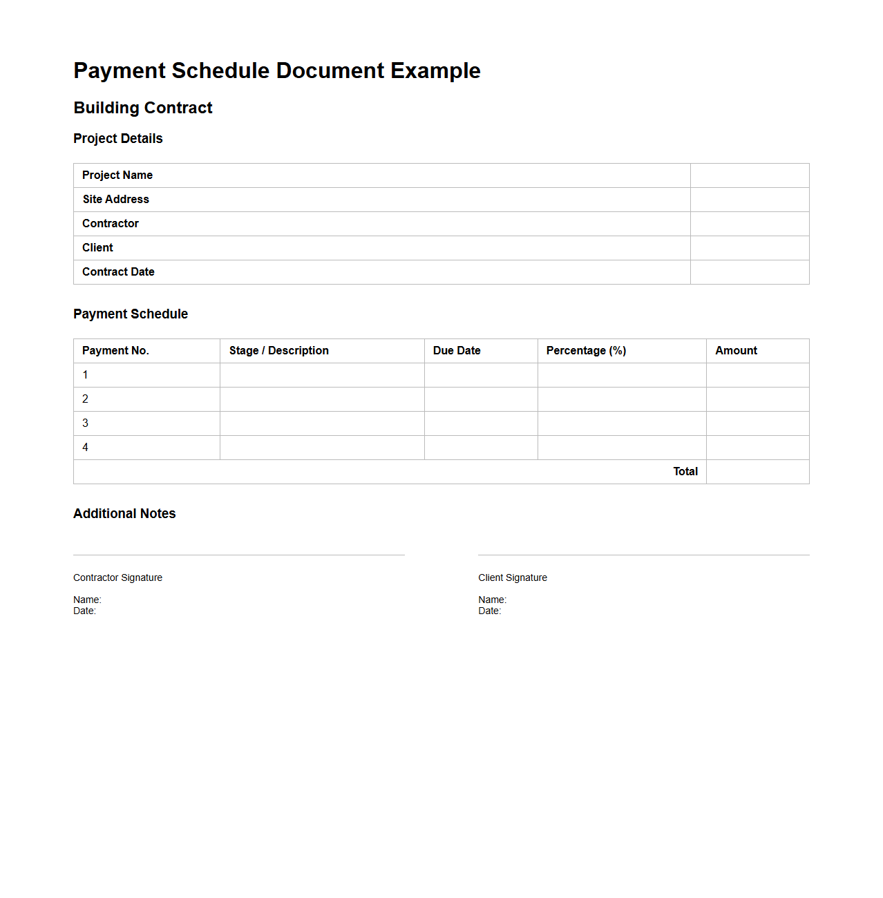 Payment Schedule Document Example for Building Contracts