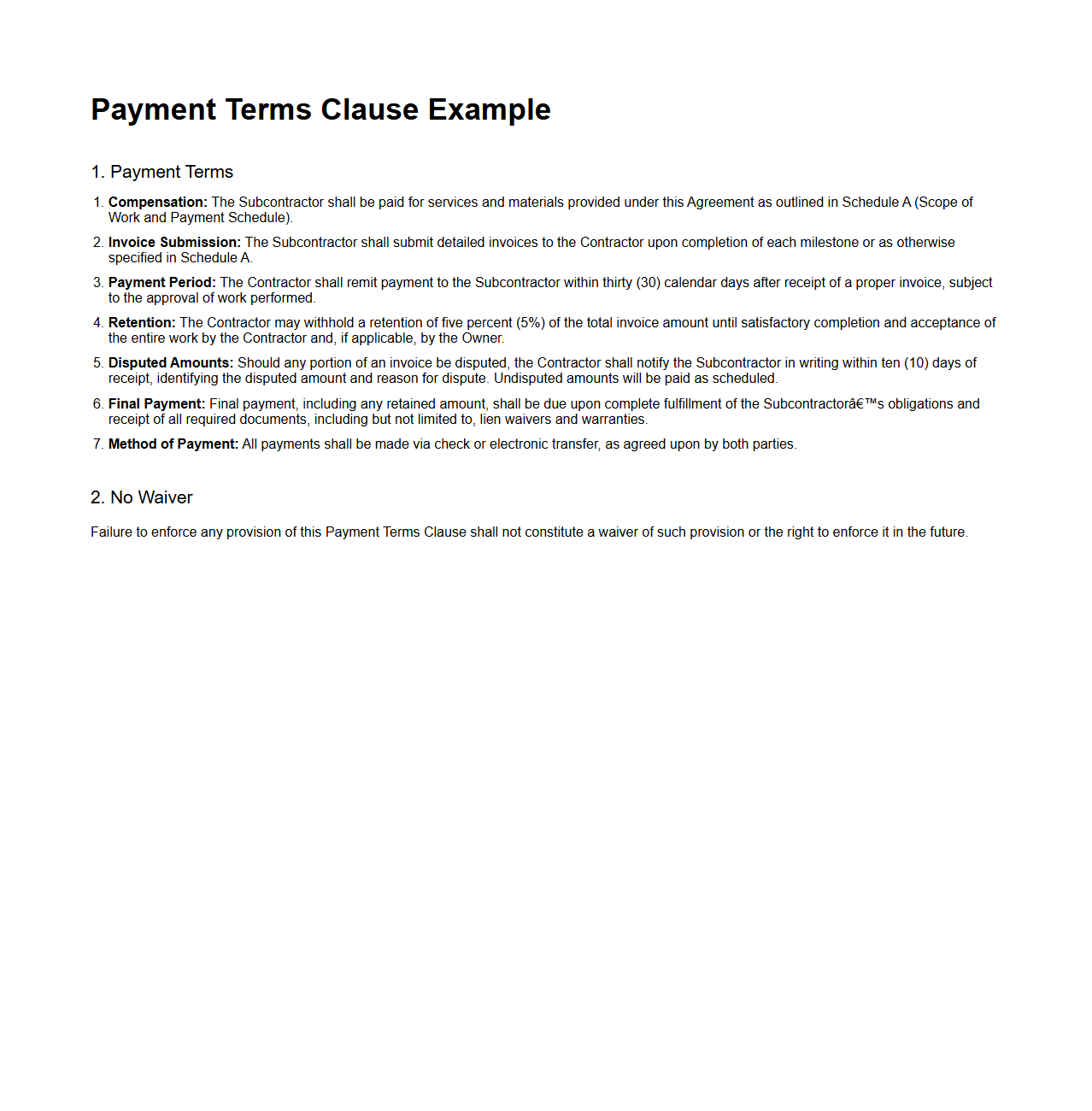 Payment Terms Clause Example for Subcontractor Agreement