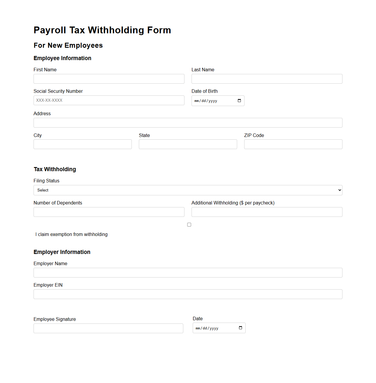 Payroll Tax Withholding Form for New Employees