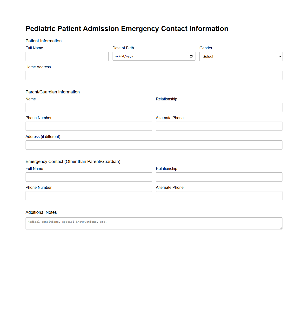Pediatric Patient Admission Emergency Contact Information