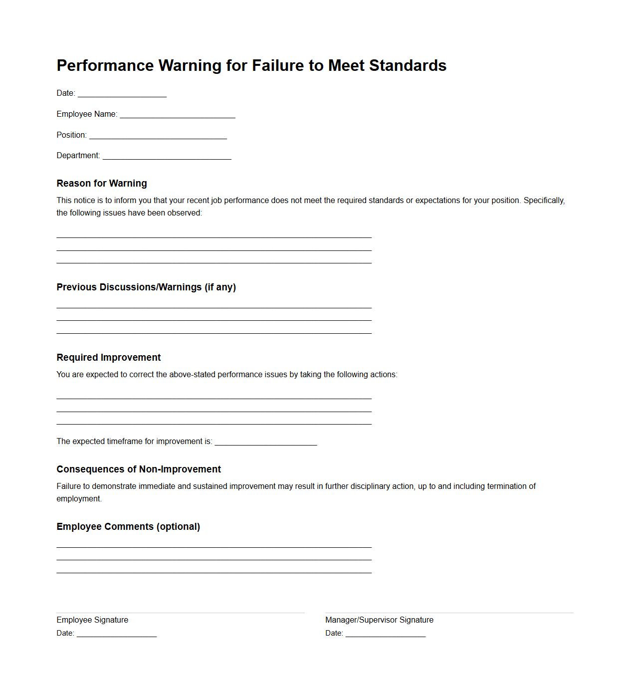 Performance Warning for Failure to Meet Standards