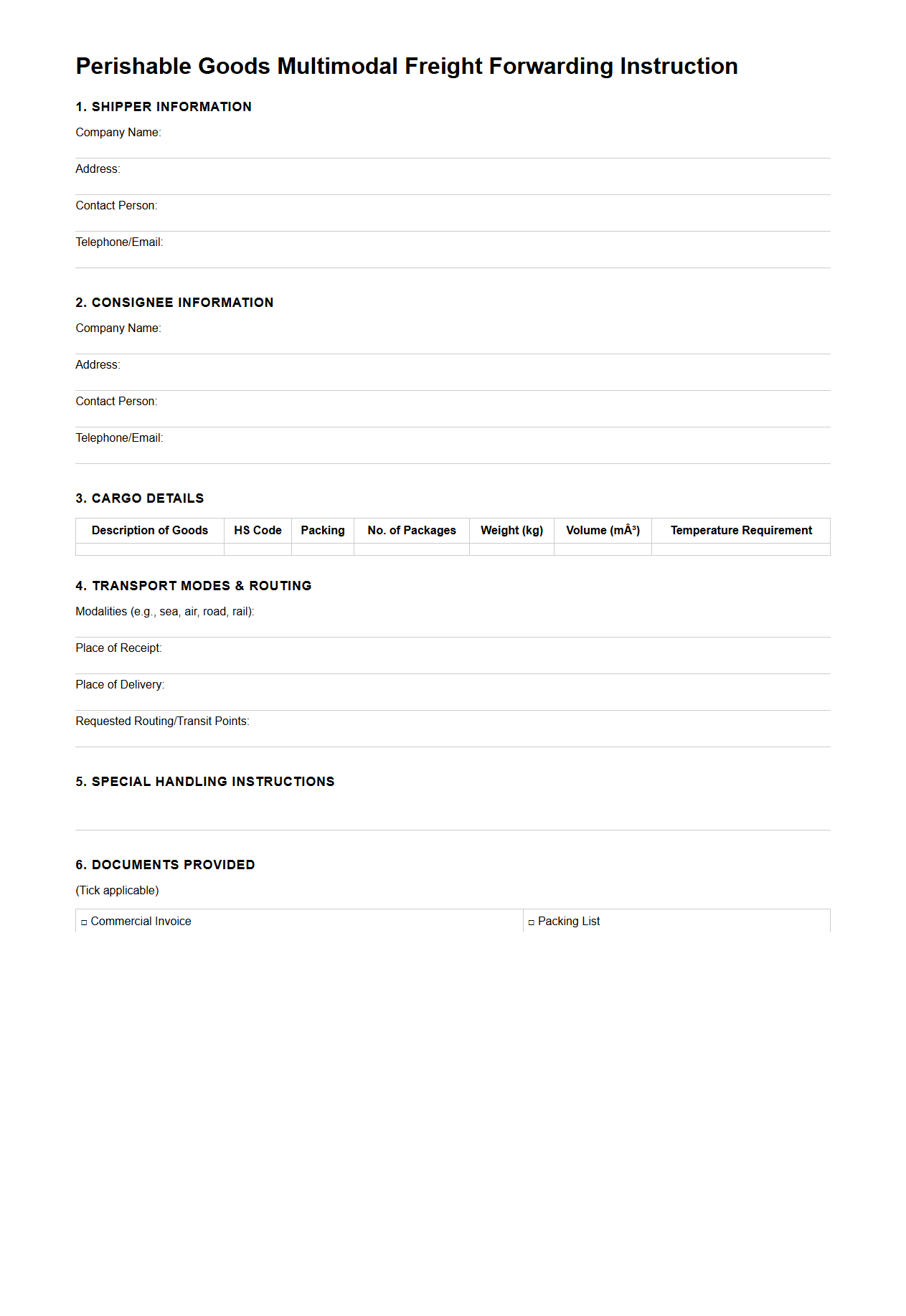 Perishable Goods Multimodal Freight Forwarding Instruction Document