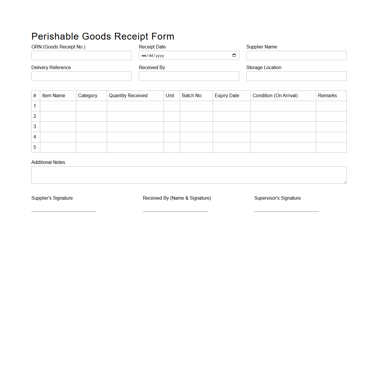 Perishable Goods Receipt Form for Supermarket Inventory