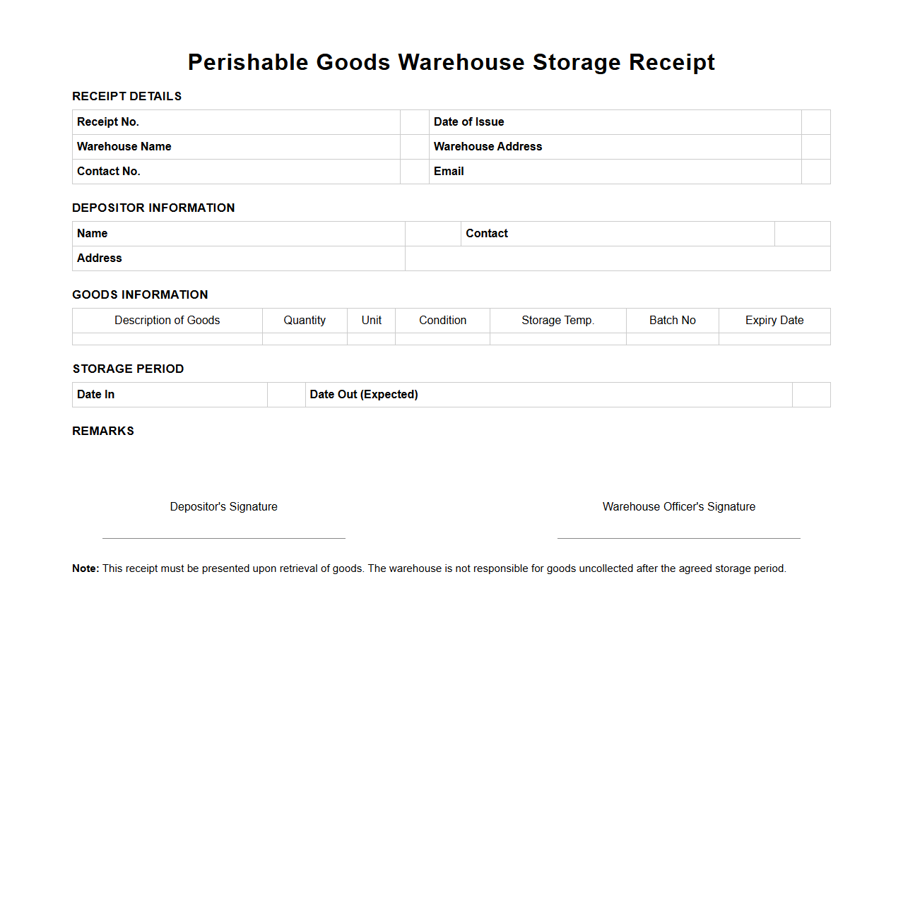 Perishable Goods Warehouse Storage Receipt Format