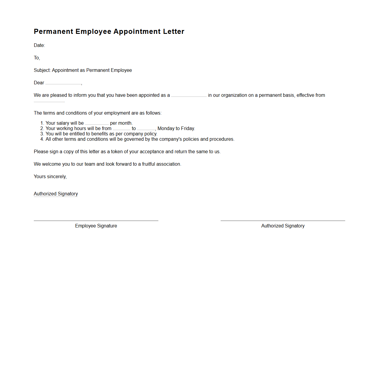 Permanent Employee Appointment Letter Sample