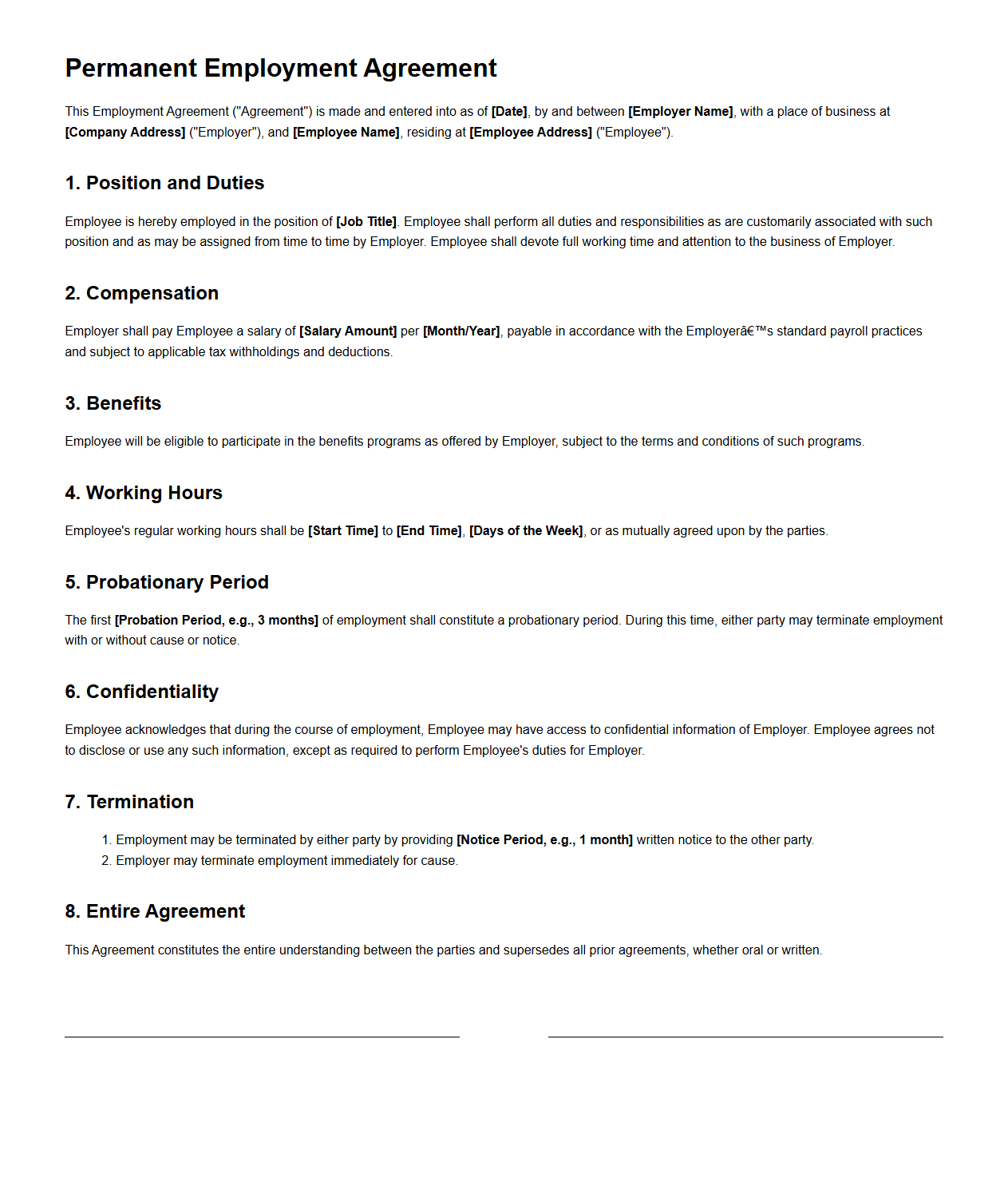 Permanent Employment Agreement Example for First-Time Hires