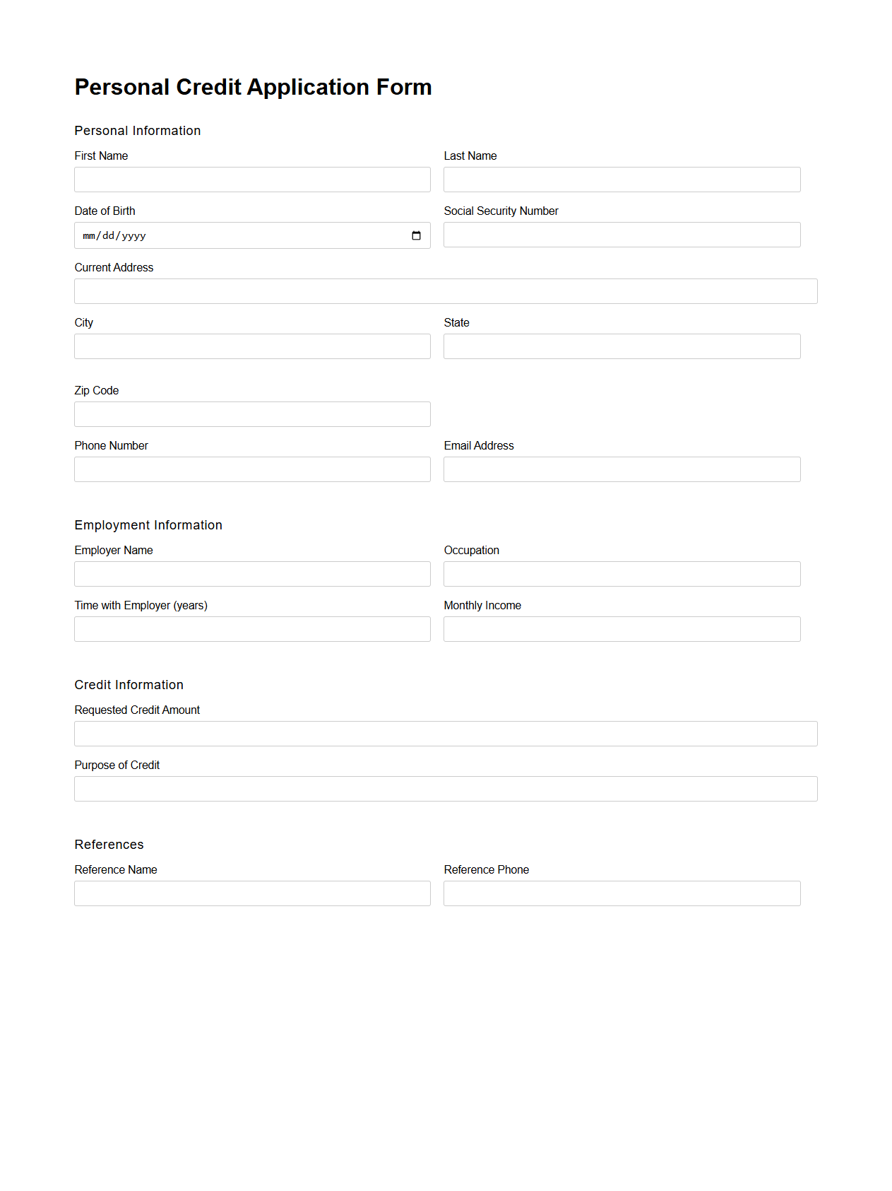 Personal Credit Application Form Template