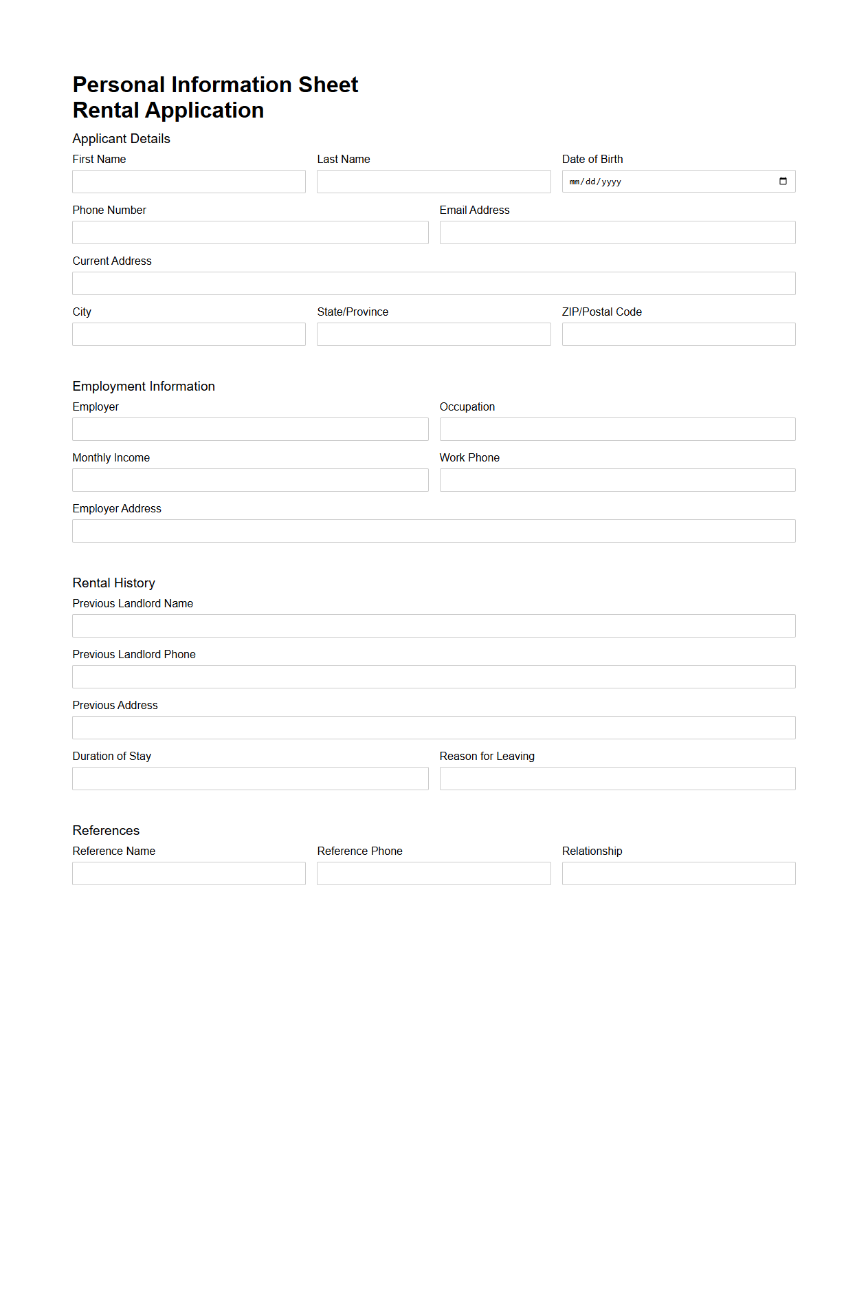 Personal Information Sheet for Rental Application