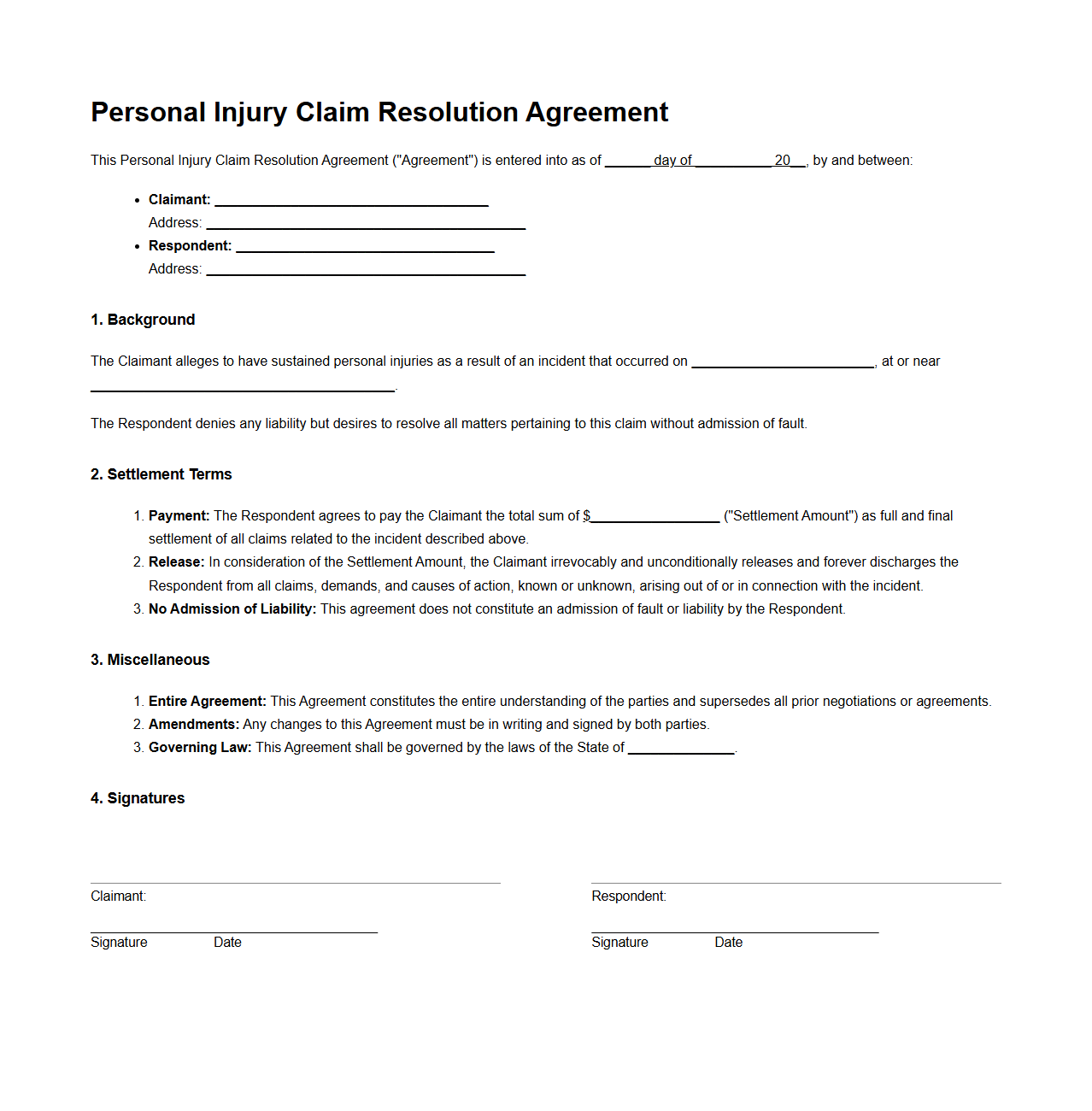Personal Injury Claim Resolution Agreement Sample