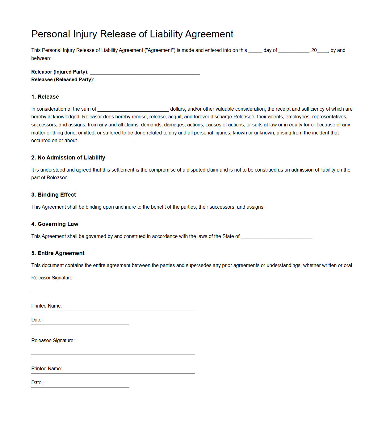 Personal Injury Release of Liability Agreement
