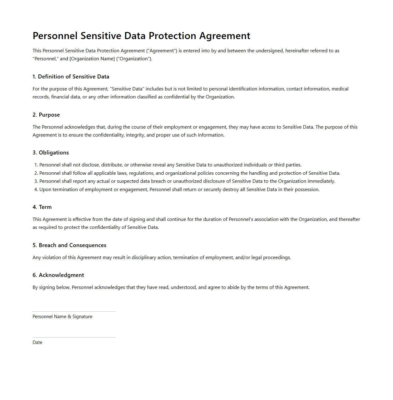 Personnel Sensitive Data Protection Agreement
