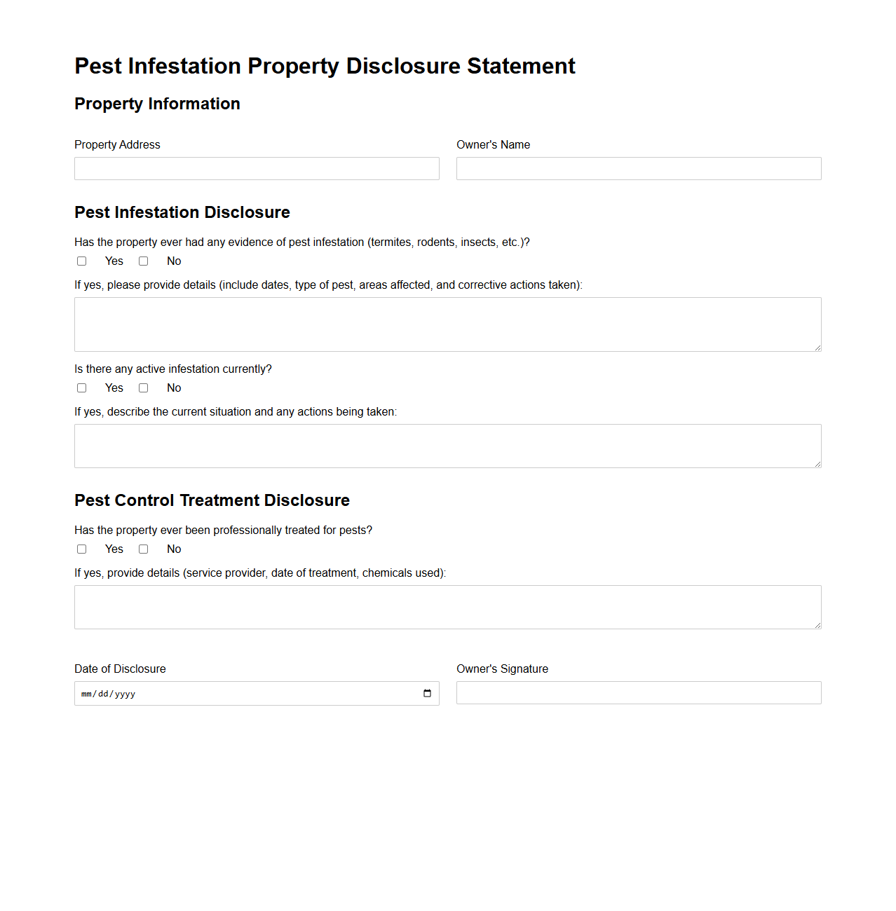 Pest Infestation Property Disclosure Statement Sample