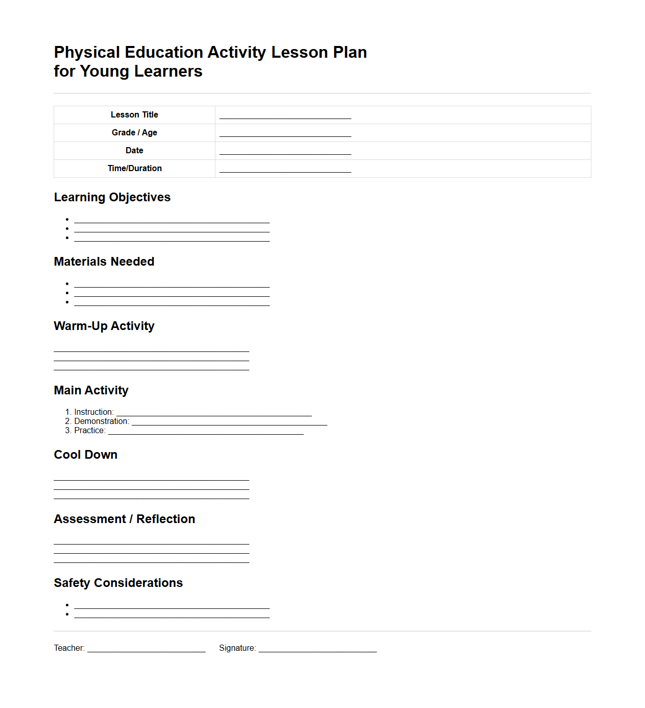 Physical Education Activity Lesson Plan for Young Learners