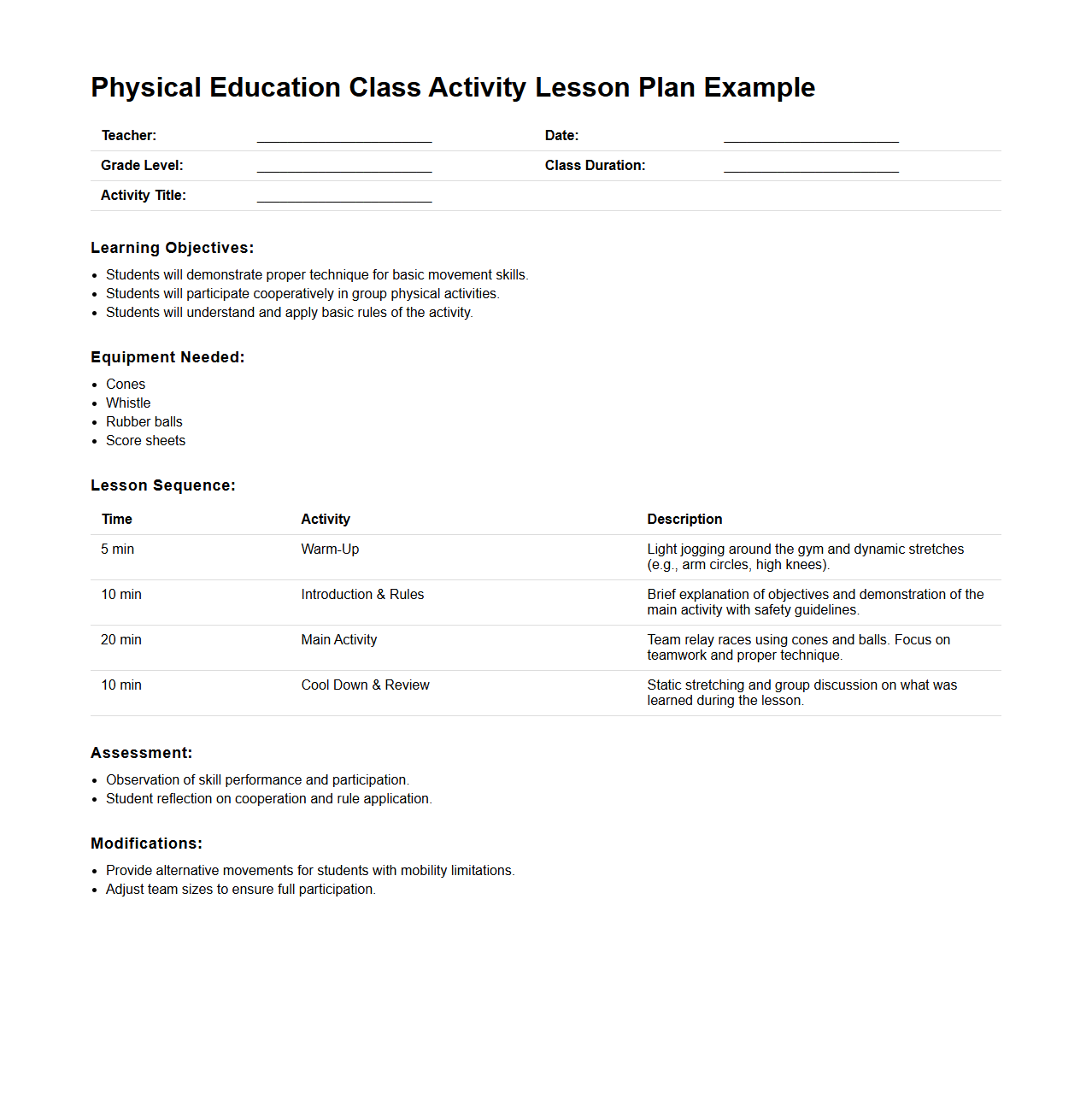 Physical Education Class Activity Lesson Plan Example