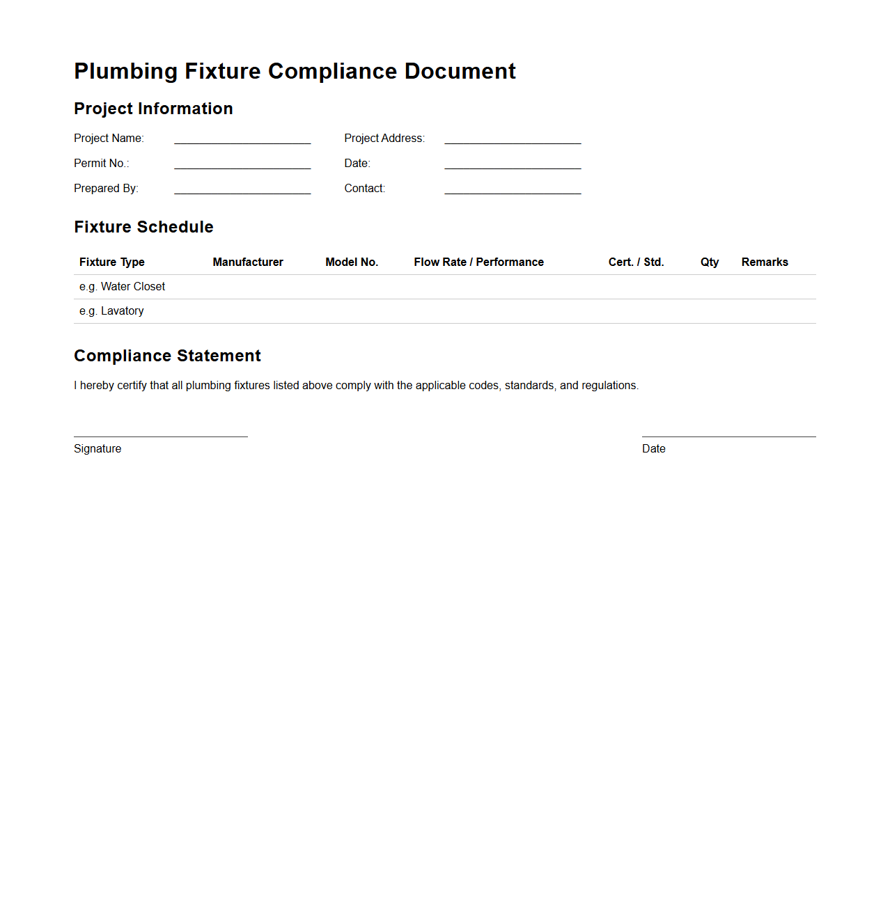 Plumbing Fixture Compliance Document Layout