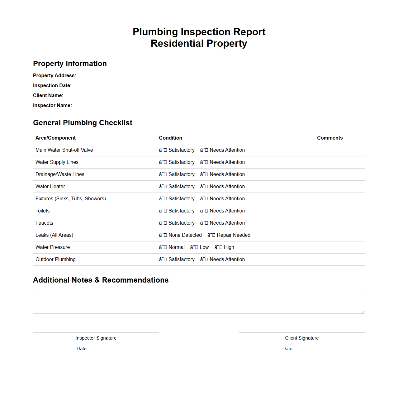 Plumbing Inspection Report for Residential Property