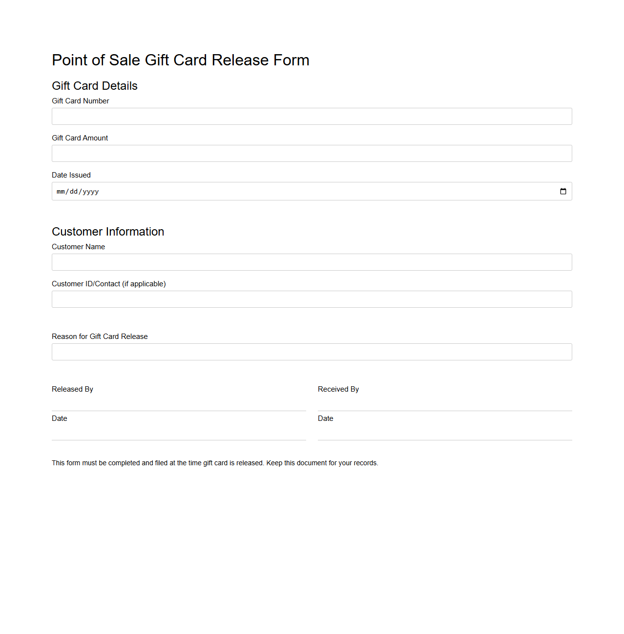Point of Sale Gift Card Release Form