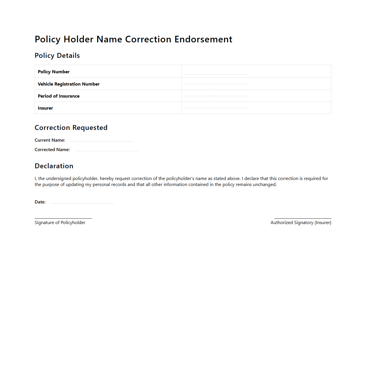 Policy Holder Name Correction Endorsement for Auto Insurance