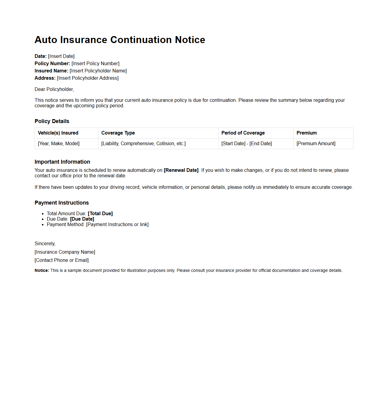 Policyholder Auto Insurance Continuation Notice Sample