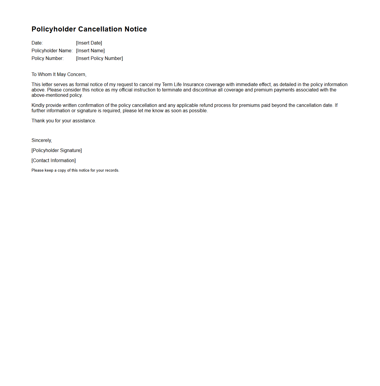Policyholder Cancellation Notice Sample for Term Life Coverage