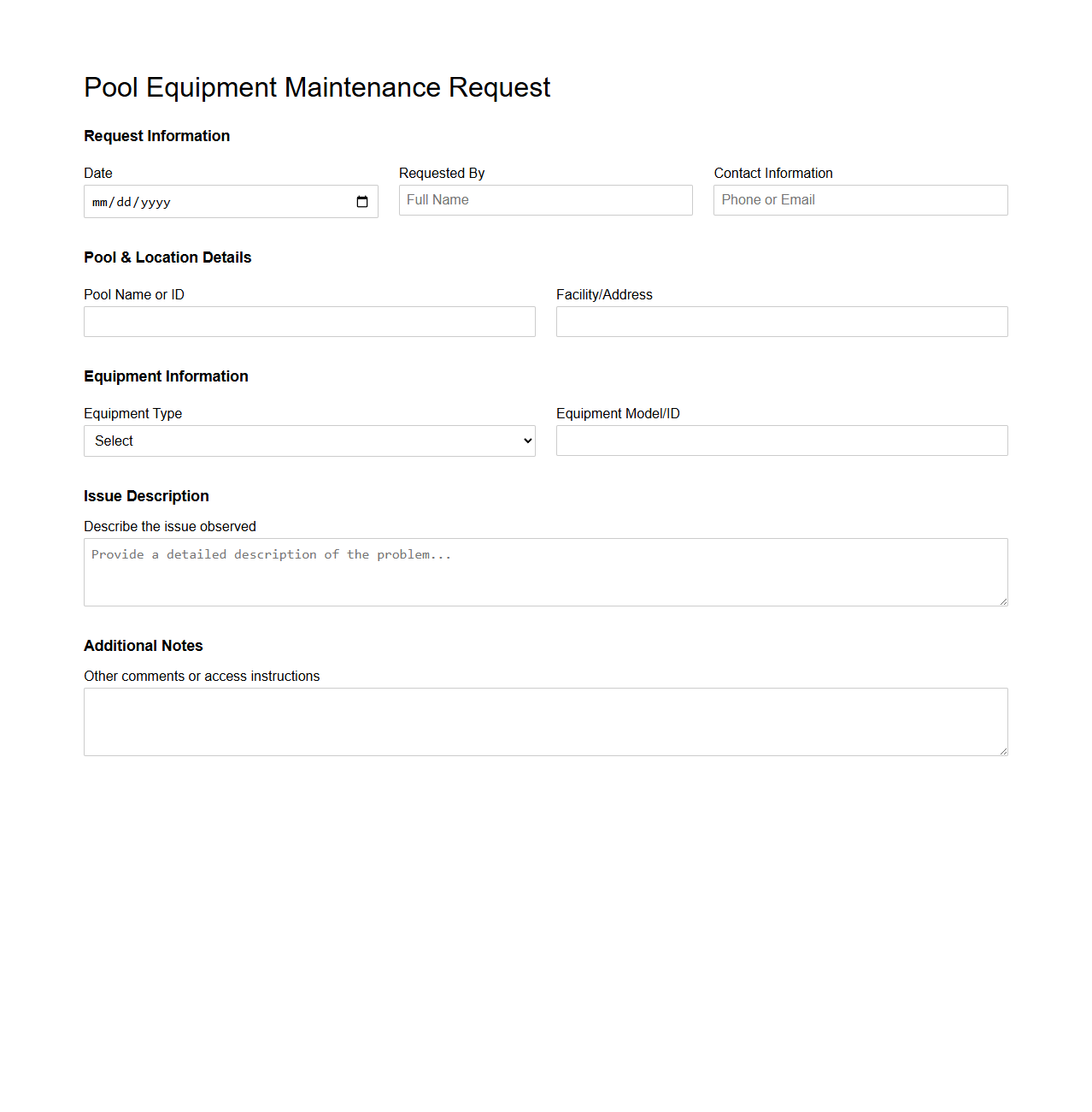 Pool Equipment Maintenance Request Template