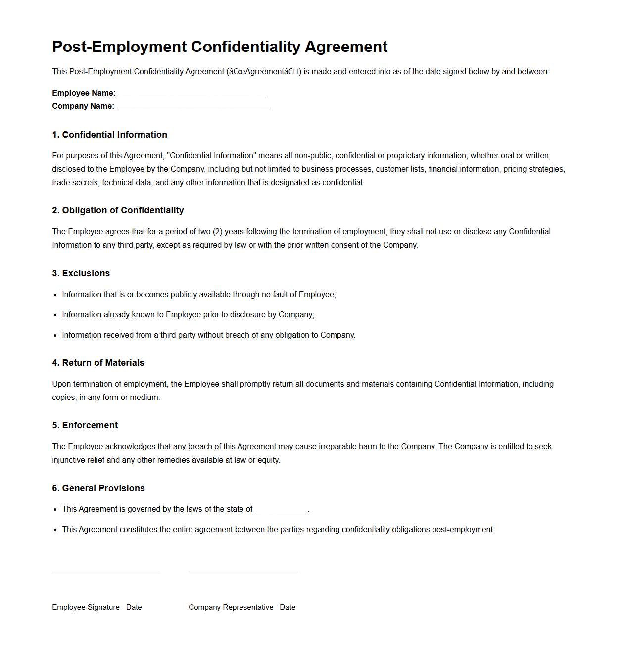 Post-Employment Confidentiality Agreement Example