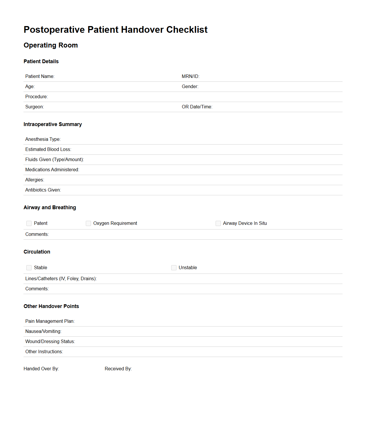 Postoperative Patient Handover Checklist Sample for Operating Room