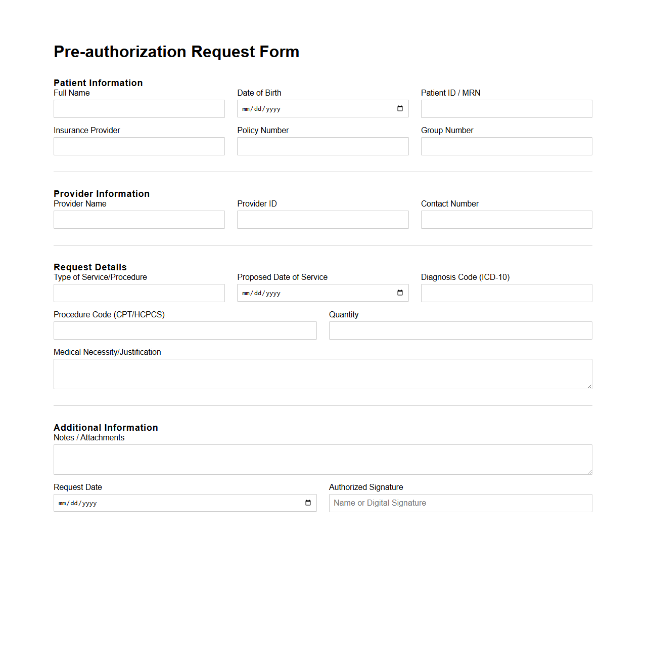 Pre-authorization Request Form Sample